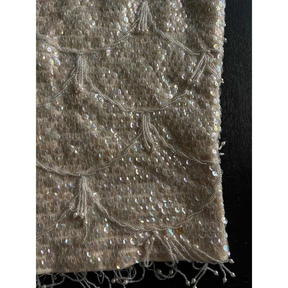Vintage Wool Sequin Beaded Fringe Shell Top Cream Iridescent Small Flapper - Picture 6 of 14